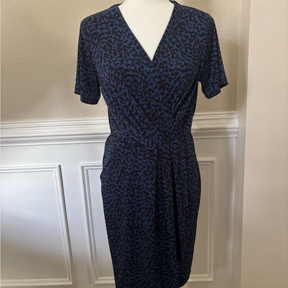 Blue and Black Animal Print Faux Wrap Dress from Banana Republic Factory Store
